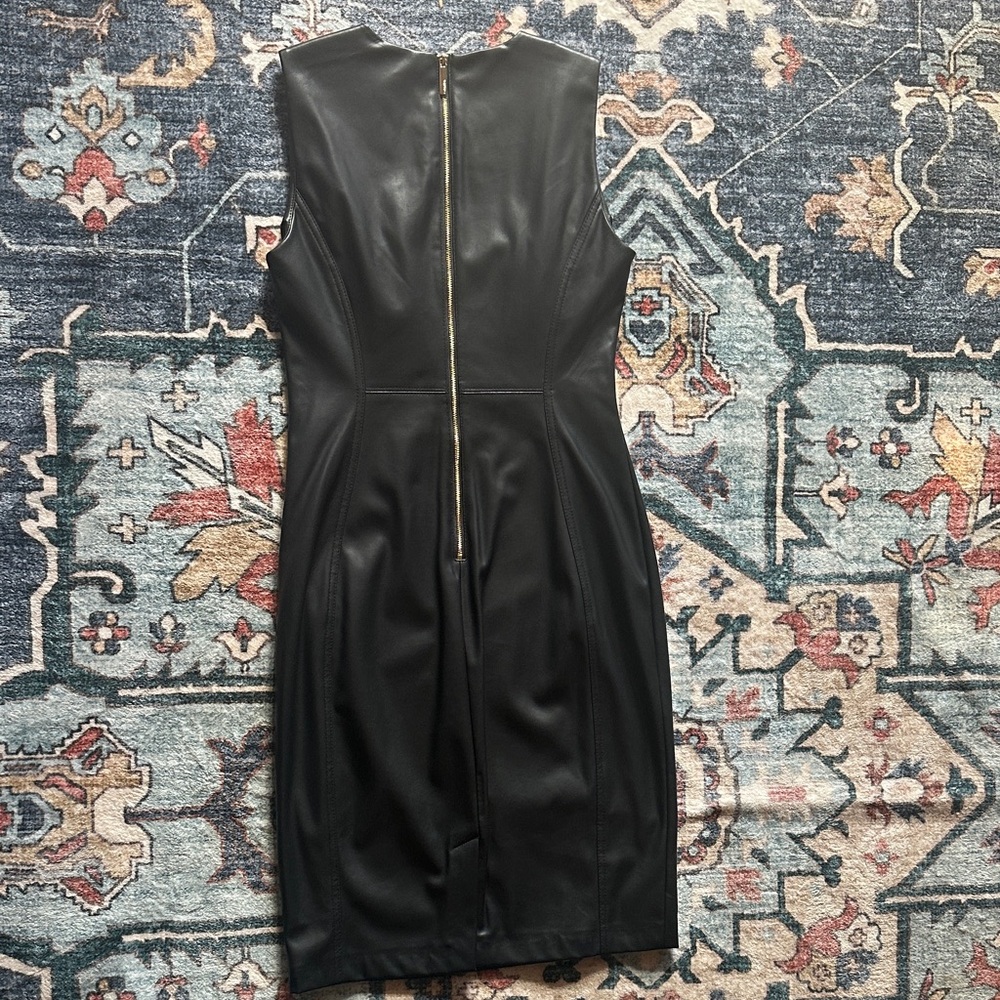 CALVIN KLEIN Size 4 Black Sleeveless Faux Leather Gold Zipper Midi Dress - Picture 3 of 8